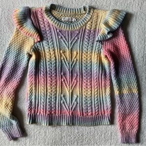 Pastel Rainbow Cable Knit Sweater, LOFT, Women’s Sz Small. Shoulder Ruffle